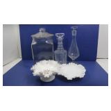 Lg Glass Jar,2 Glass Decanters,2 Milk Glass Dishes
