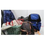 Various Backpacks in Bin & Round Laundry Basket