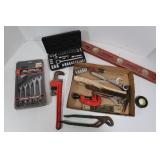 Misc Tools-Pipe Wrench, Wooden Level, Socket Set