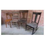3 Wooden Chairs & Rocker