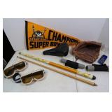 Pool Cue, Baseball Glove, Handweights &more