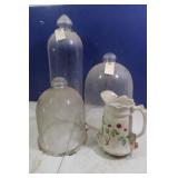 3 Glass Cloches, Small Oil Lamp