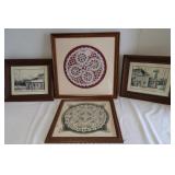 2 Wood Framed Prints, 2 Wood Framed Doilies