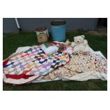 2 Carboard Drums w/Metal Lids w/Blankets & more