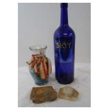 Lg 21"H Skyy Vodka Bottle, 2 Stone Ashtrays, Glass