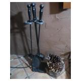 Fireplace Tool Set & Metal Bucket w/Pine Cones
