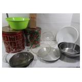 2 Hard Rock Glasses, Pyrex Pie Plate, Bowls,Tins