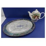 Christmas Teapot, Serving Platter w/Plated Tray