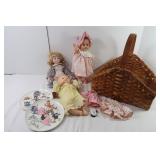 3 Baby Dolls w/Wicker Basket