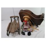 Wooden Cradle w/Marionette & Wooden Sled