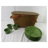 Vintage Red Man Woven Picnic Basket w/Platicware/
