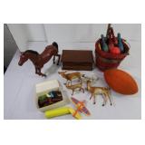 Basket w/Vintage Wood Toys, Jewelry Box w/Contents