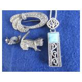 Sterling Lot-Neclace w/Opal, 2 Sterling Pins, 1 Pr