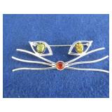 Sterling Silver Cat Pin w/Amber Stones 7.9gr