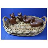 Wicker Basket w/2 Wooden Cats, 2 Wooden Ducks
