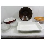 Porcelain Cooking Pan, Lg. Wood Salad Bowl,Glass
