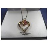 Sterling Heart Pendant(gold plate)w/Gen Rubies&Dia