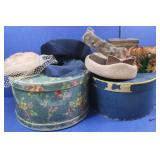 2 Vintage Hat Box & Tin w/Vintage Hats 2 Vintage Hat Box & Tin w/Vintage Hats