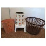 2 Tin Trash Cans, Plastic Stepstool,Laundry Basket