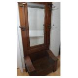 Antique Ornate Oak Hall Tree w/Bench&Mirror
