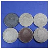 2 Shield Nickels(1868,no date),4 V Nickels(1901,