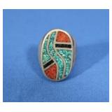 Sterling Turquoise&Coral Inlay Ring-20.4g gross wt