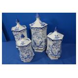 Set of 4 Blue and White Canisters w lids