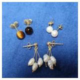 3 Pr 14K Earrings-Tigereye,Pearl,FreshWater Pearl-