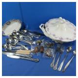10" Decorative Bowl w/Lid&Misc Silverware