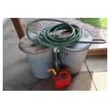 Garden Hose, 2 Trash Cans w/Lids,Gal Full Gas Can