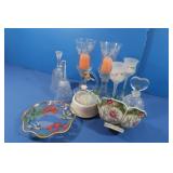 2 Glass Bells, 2 Candle Holders, Glass Decanter,