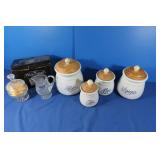 Crocks For Sugar, Tea, Flour&Coffee W/Glass