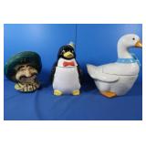 2 Cookie Jars(Penguin,Duck),Mexican Bust Vase