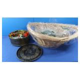 Basket w/Packing Straw, Tin of Buttons &More