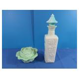 Slag Glass Liquor Bottle, Cabbage Bowl &Lids