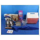 Misc Lot- Umbrella, Tea Kettle, Cooler &More