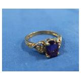 10K Yellow Gold Amethyst w/2 Diamonds, Sz 7;