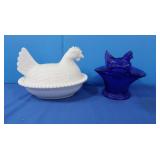 Vintage Hen on Nests- Milk Glass, Cobalt Blue
