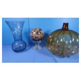 Blue Glass Etched Vase, Heavy Marble Ball, Glass