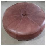 Leather/Wood Round Ottoman w/Brass Accents-Bombay