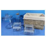 Glass Canisters, Storage Items in Wicker Basket