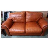 Solid Orange Leather Love Seat-Quality, Good Cond.