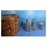Vintage Milke Bottles & Bushel Basket