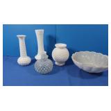 Hobnail Milk Glass Vases & Bowl