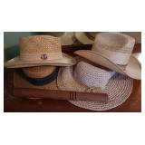 4 Straw Hats & Vintage Wooden Hitting Stick