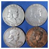 4 Franklin Half Dollars-1951,1954-D, 1957,1963-D