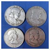 4 Franklin Half Dollars-1951,1957-D, 2-1958-D