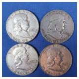 4 Franklin Half Dollars-1951-S,1952-D, 1961,1963-D