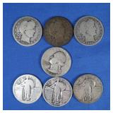 3 Barber Quarters 1906-D,1914-D,1915, 3 Liberty