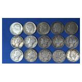 10 Mercury Dimes, 5 Roosevelt Dimes-90% Silver